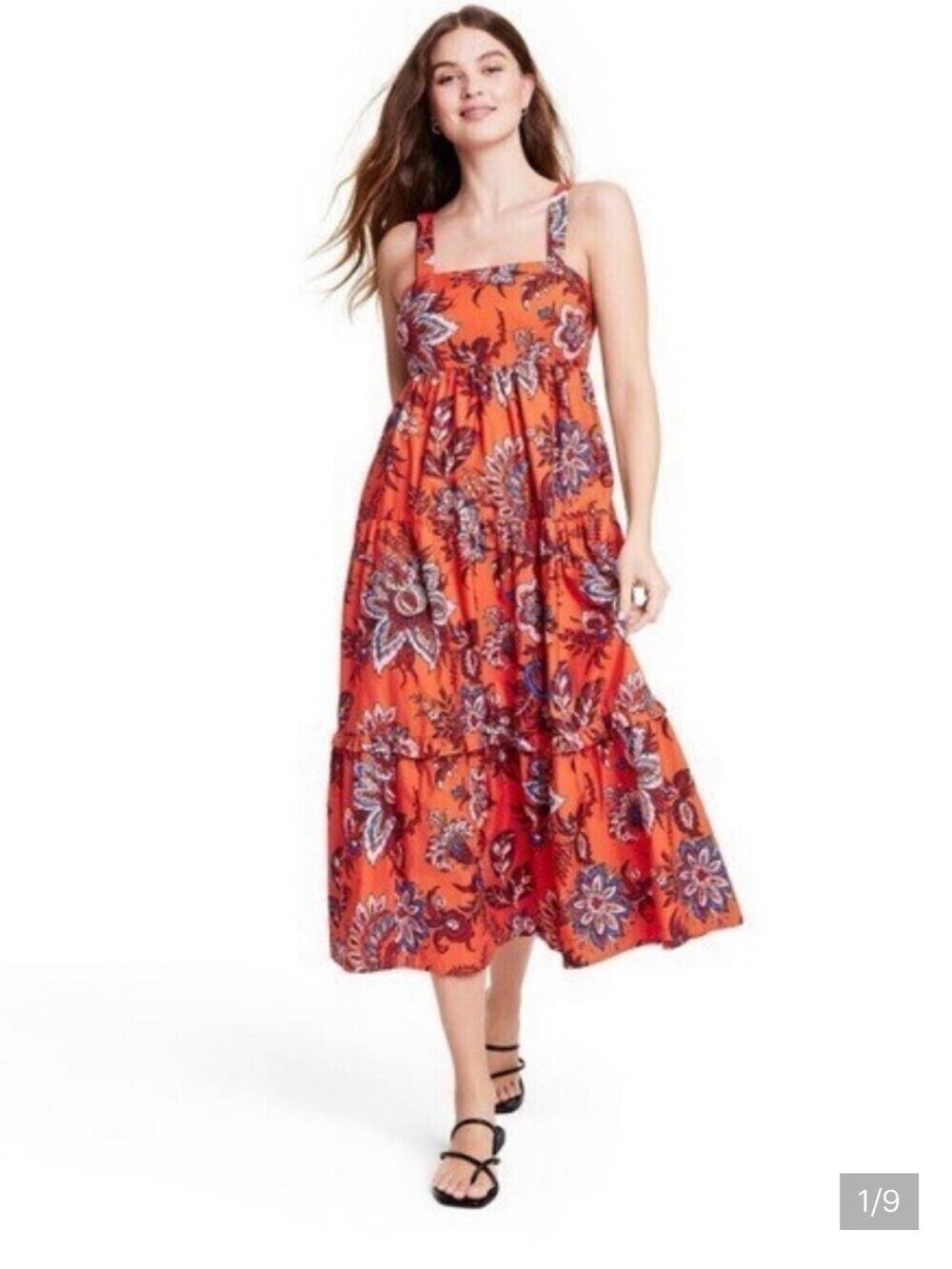 Rhode x Target Leafy Floral Print Tiered Midi Dress in orange with a square neck